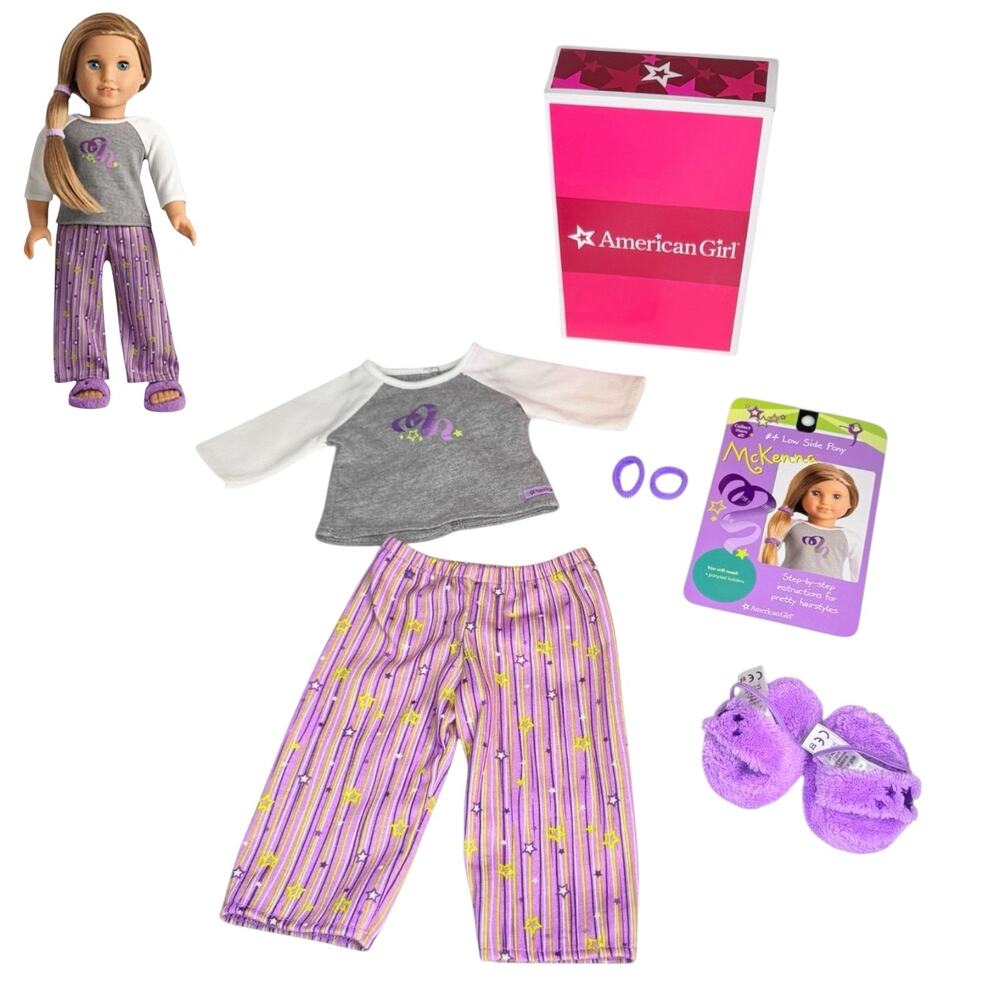 American Girl McKenna Pajamas Doll Pjs Top Pants Slippers Hair Ties Card Box
